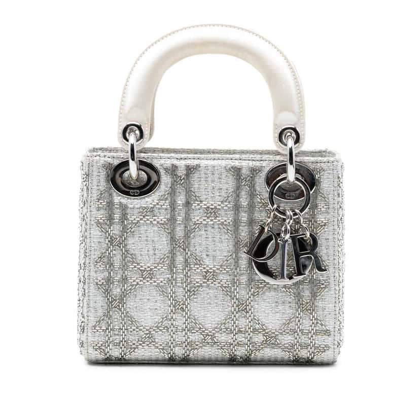 Dior Mini Tweed Cannage Beaded Lady Dior White Tweed Very good condition - Front View