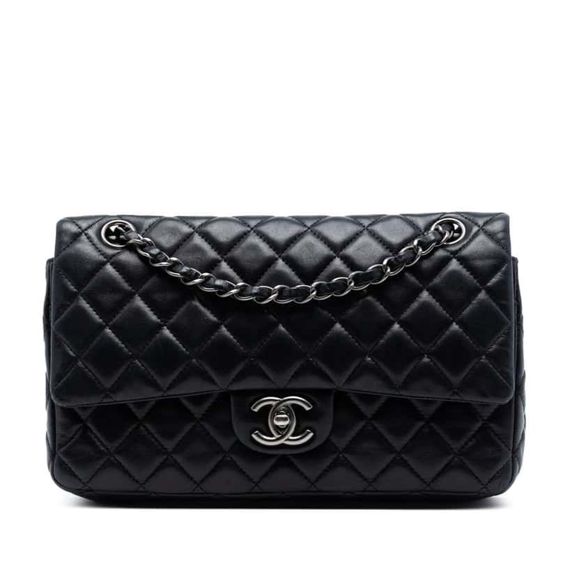 Chanel Medium Classic Lambskin Double Flap Black Leather Very good condition - Front View