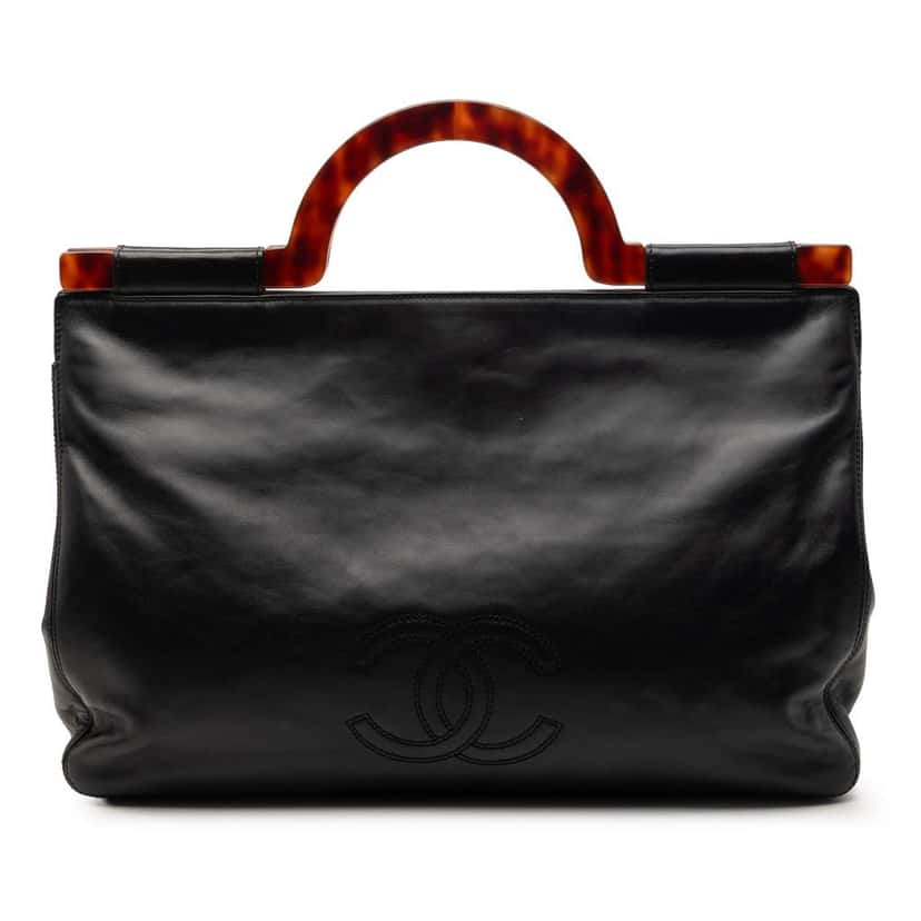 Chanel CC Lambskin Tortoise Shell Top Handle Tote Black Leather Very good condition - Front View