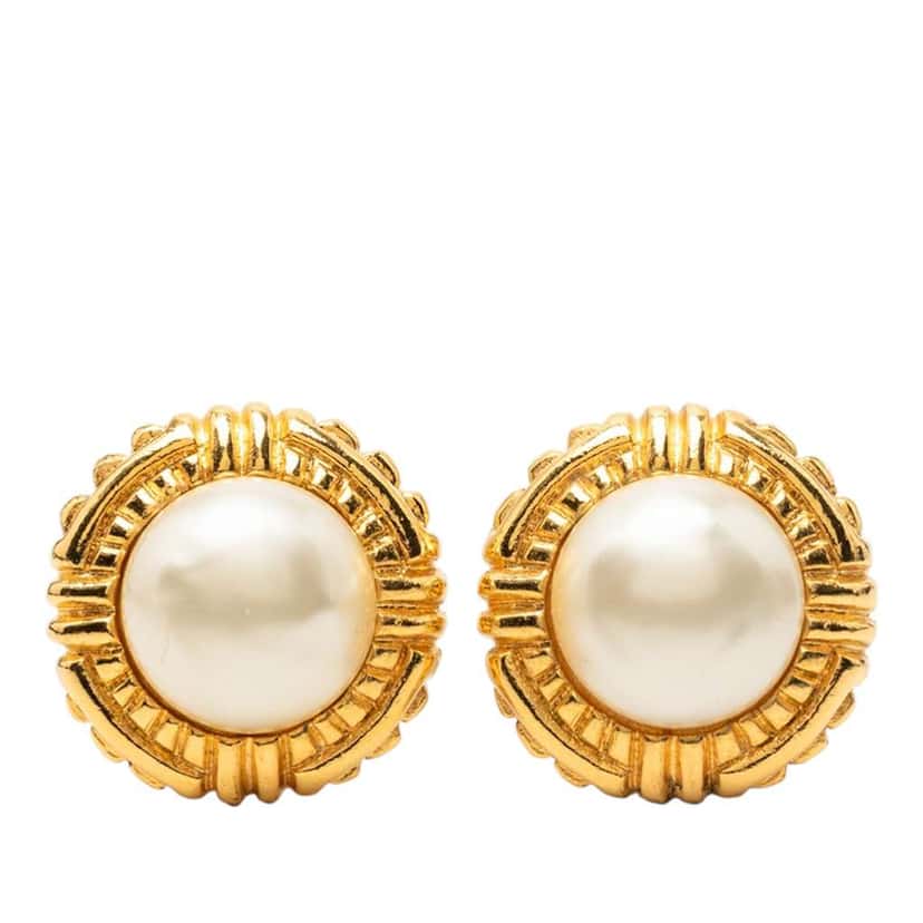 Chanel Gold Plated Faux Pearl Clip On Earrings Gold Metal Very good condition - Front View