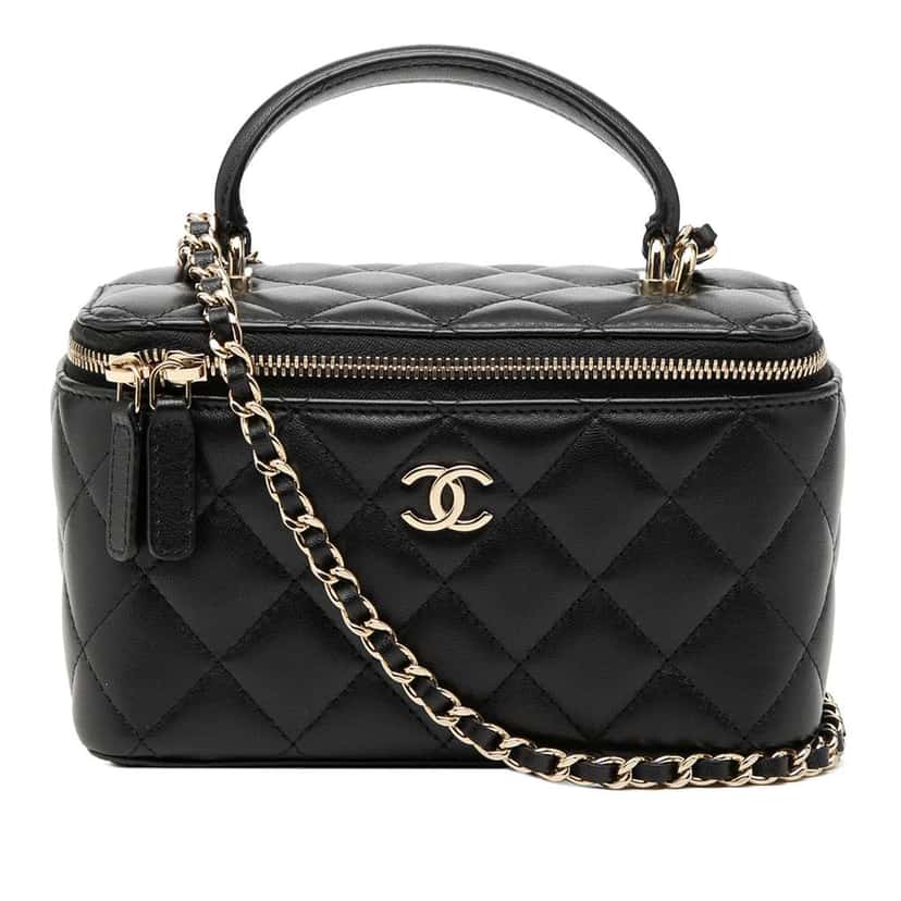 Chanel Small Lambskin Top Handle Vanity Case with Chain Black Leather Very good condition - Front View