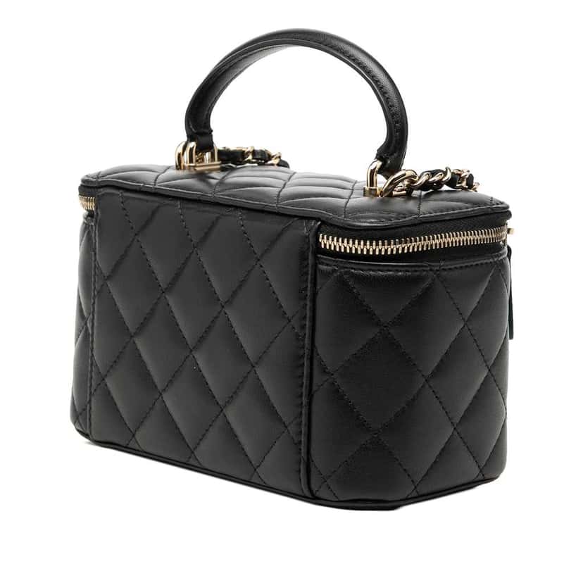 Chanel Small Lambskin Top Handle Vanity Case with Chain Black Leather Very good condition - Back View