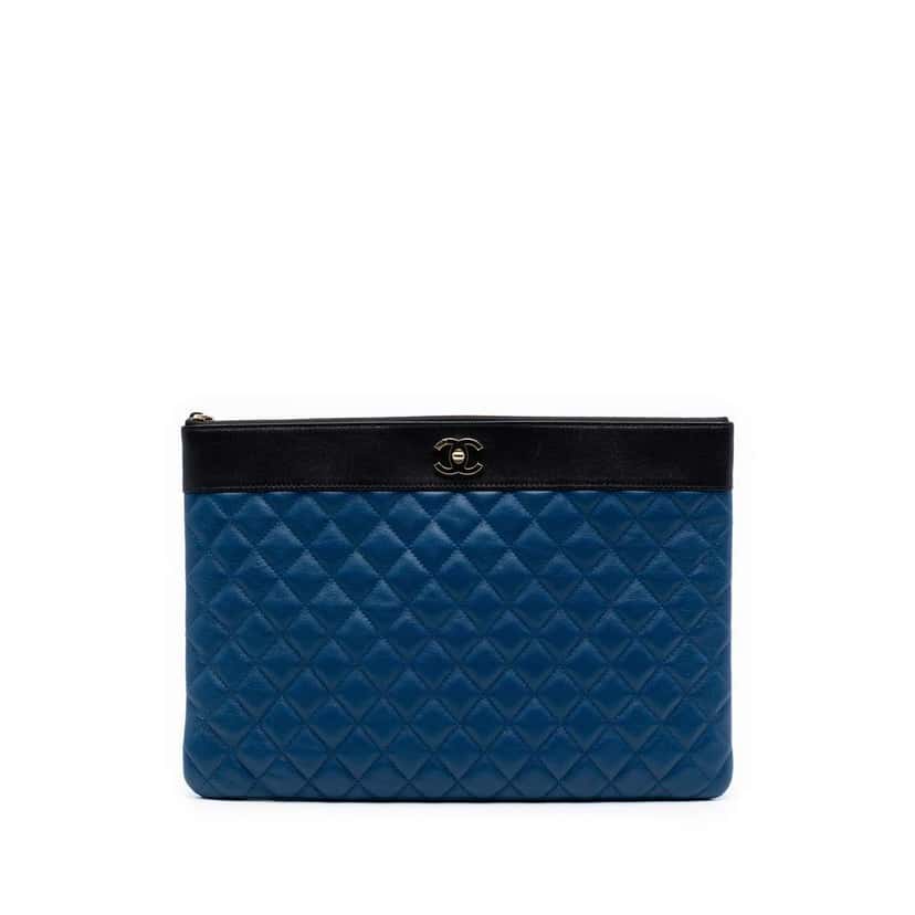 Chanel Large Bicolor Sheepskin Mademoiselle Zip Clutch Blue Leather Very good condition - Front View