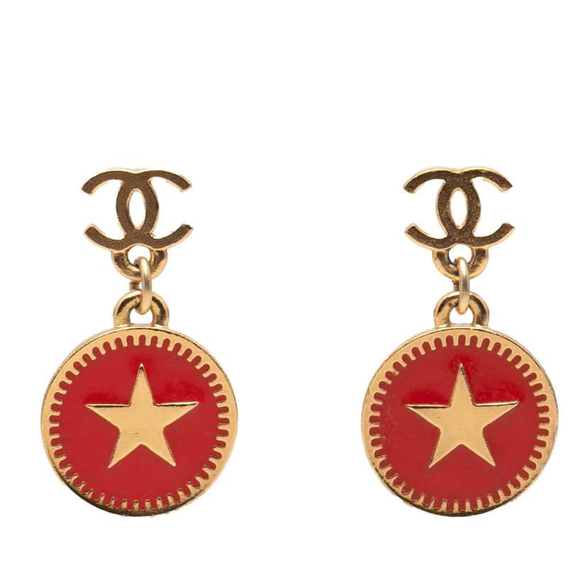 Chanel CC Gold Plated Enamel Star Dangling Push Back Earrings Gold Metal Very good condition - Front View