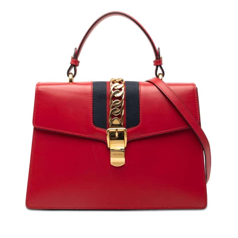 Gucci Medium Leather Web Sylvie Top Handle Bag Red Leather Very good condition - Front View