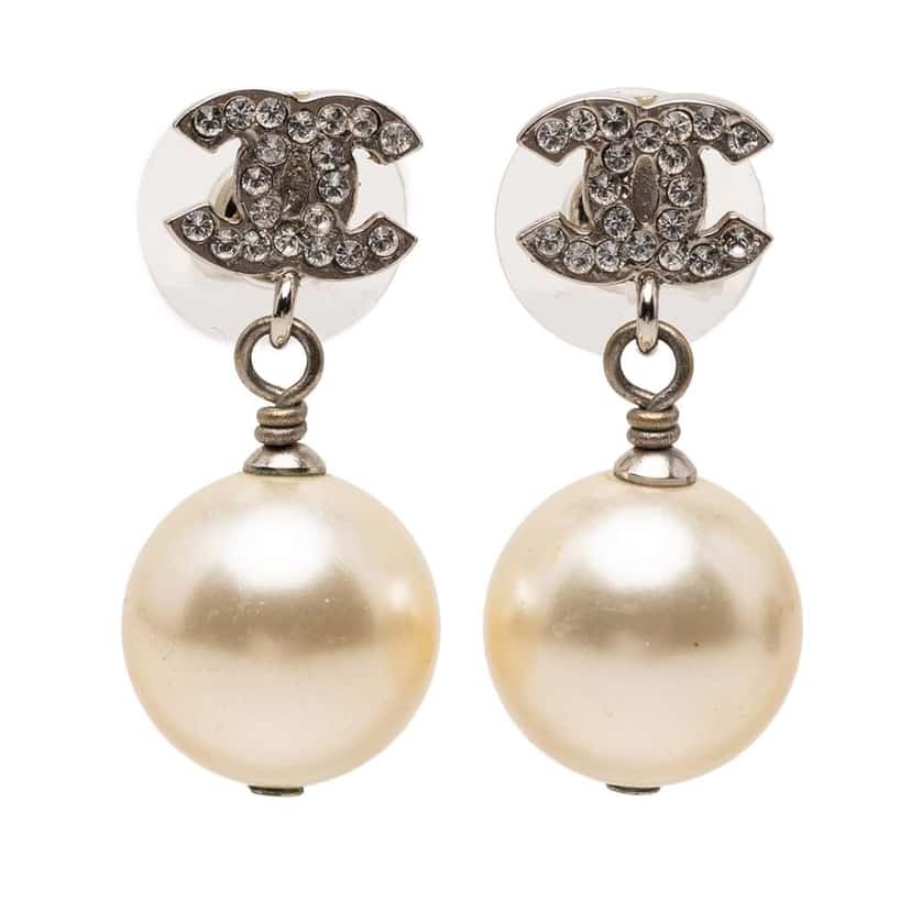 Chanel CC Brass and Strass Faux Pearl Swing Push Back Earrings Silver Brass Very good condition - Front View