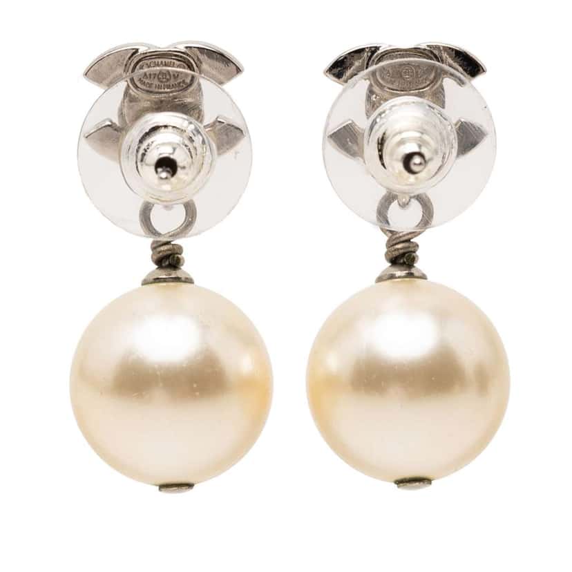 Chanel CC Brass and Strass Faux Pearl Swing Push Back Earrings Silver Brass Very good condition - Back View