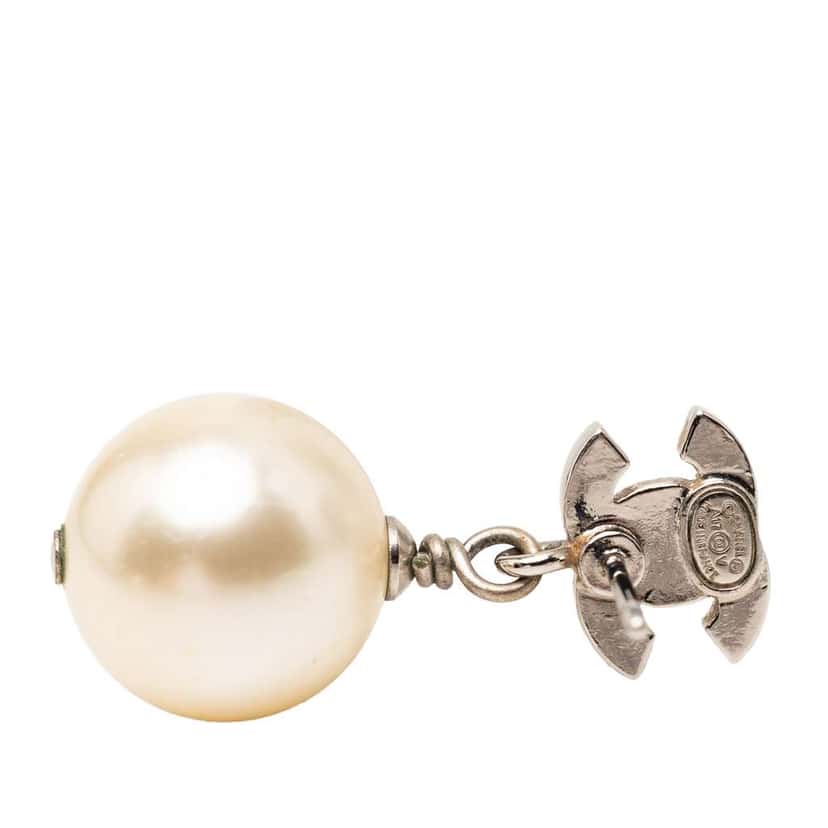 Chanel CC Brass and Strass Faux Pearl Swing Push Back Earrings Silver Brass Very good condition - Inside View