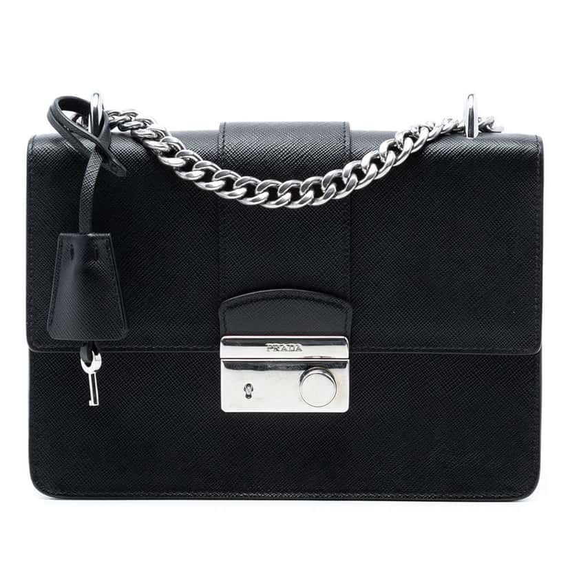 Prada Saffiano Lux Sound Lock Crossbody Black Leather Very good condition - Front View