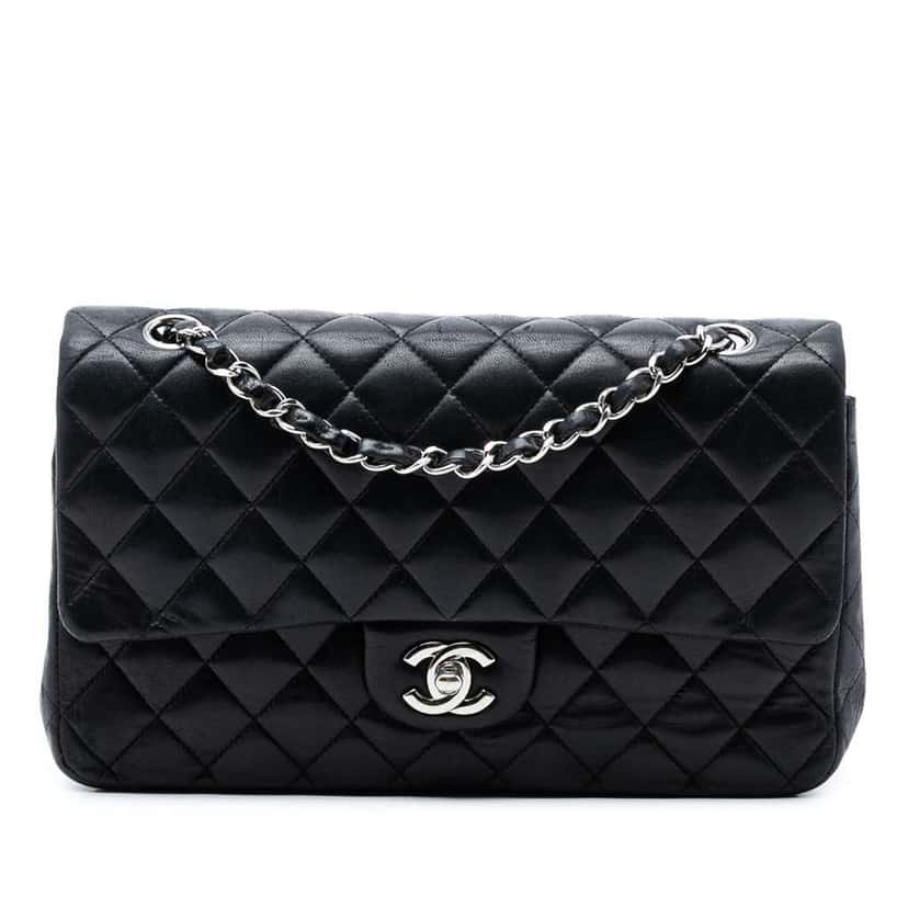Chanel Medium Classic Lambskin Double Flap Black Leather Very good condition - Front View