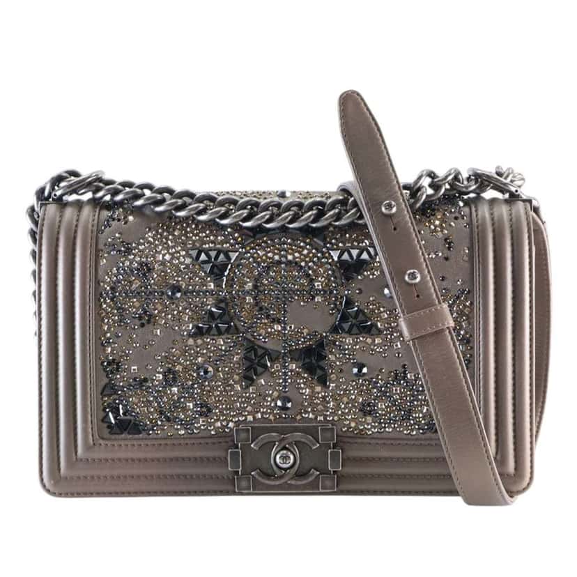 Chanel Old Medium Metallic Goatskin Crystal Boy Flap Brown Leather Very good condition - Front View