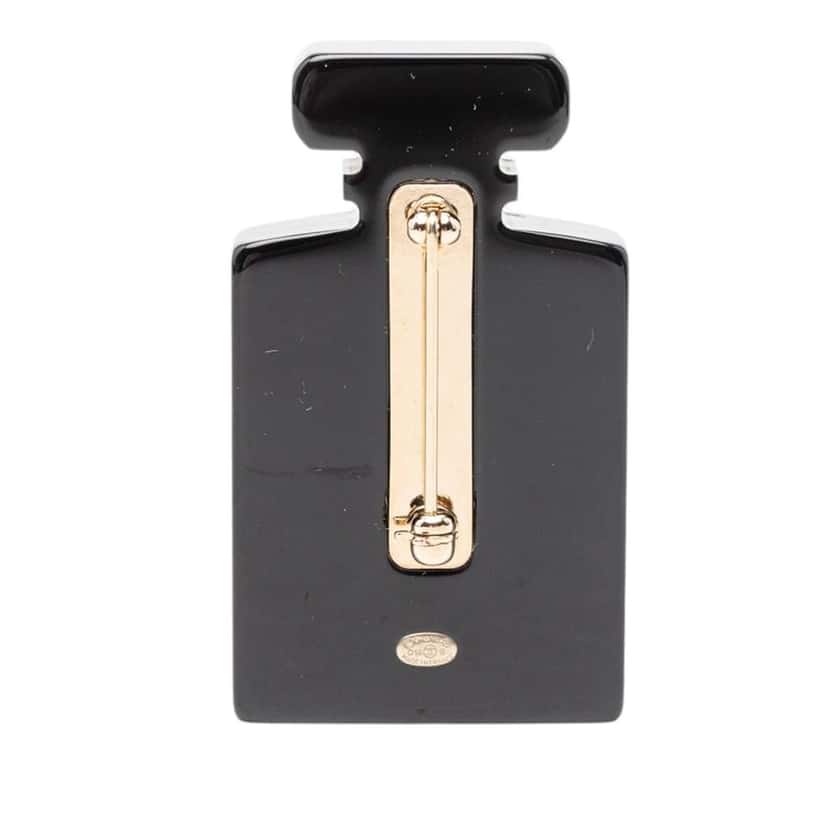 Chanel CC Resin and Faux Pearl Perfume Bottle Pin Brooch Black Very good condition - Back View