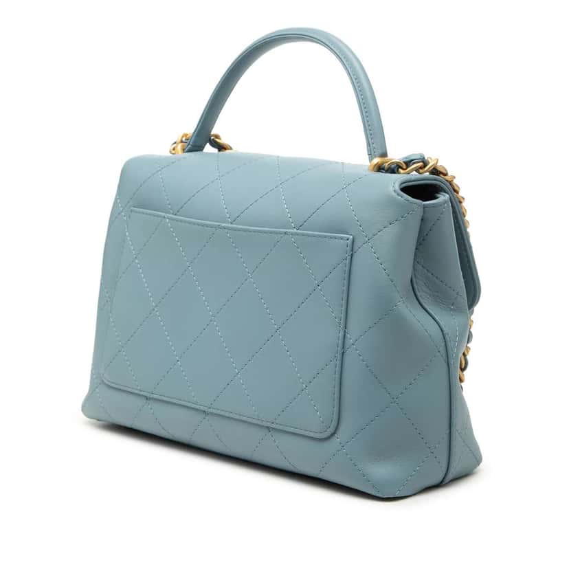 Chanel CC Quilted Lambskin Top Handle Flap Blue Leather Very good condition - Back View