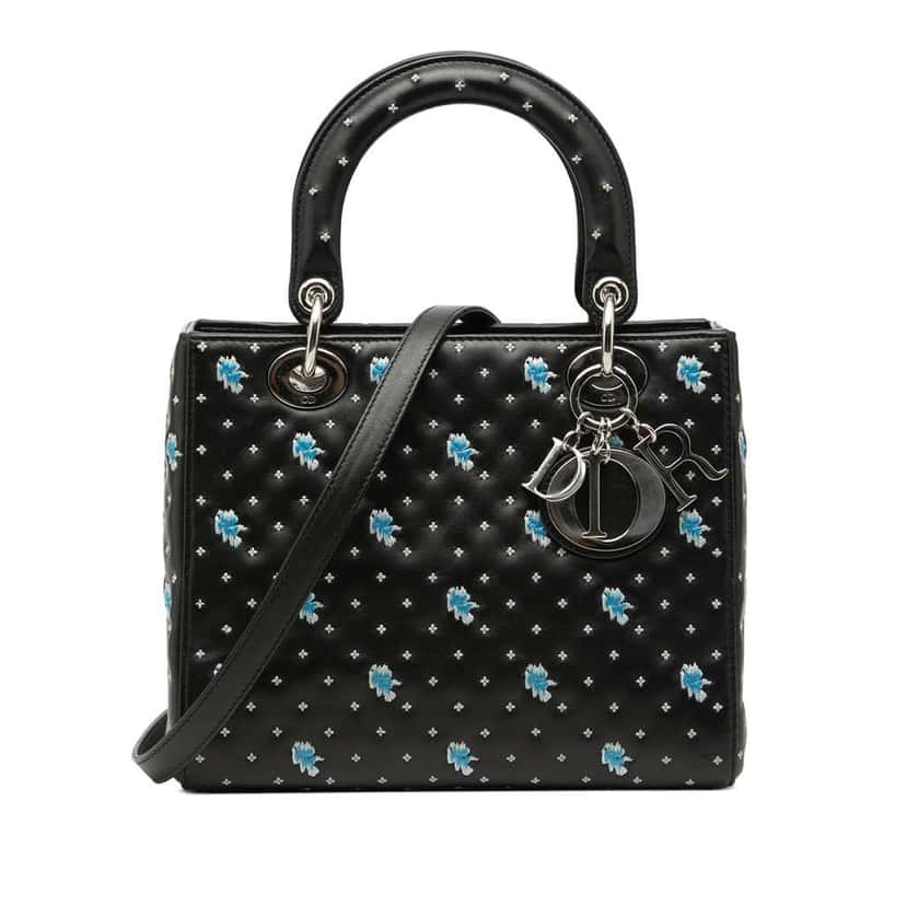 Dior Medium Calfskin Embroidered Flower Lady Dior Black Leather Very good condition - Front View