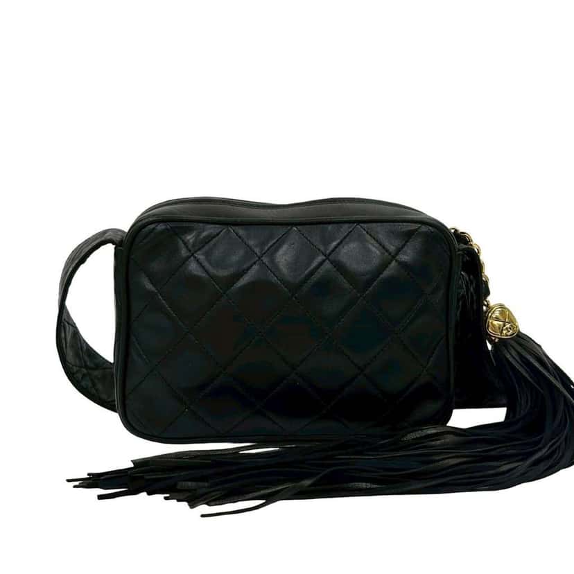 Chanel Small CC Quilted Lambskin Tassel Camera Bag Black Leather Very good condition - Back View