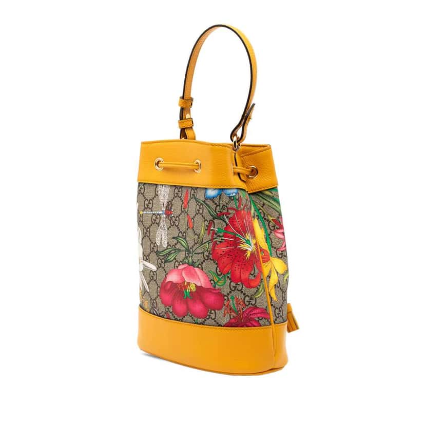 Gucci Small GG Supreme Flora Ophidia Bucket Bag Beige Canvas Very good condition - Back View