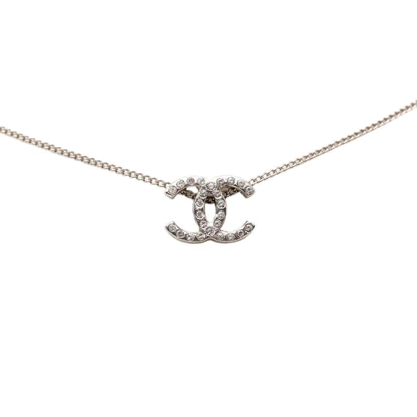 Chanel CC Brass and Strass Pendant Necklace Silver Brass Very good condition - Back View