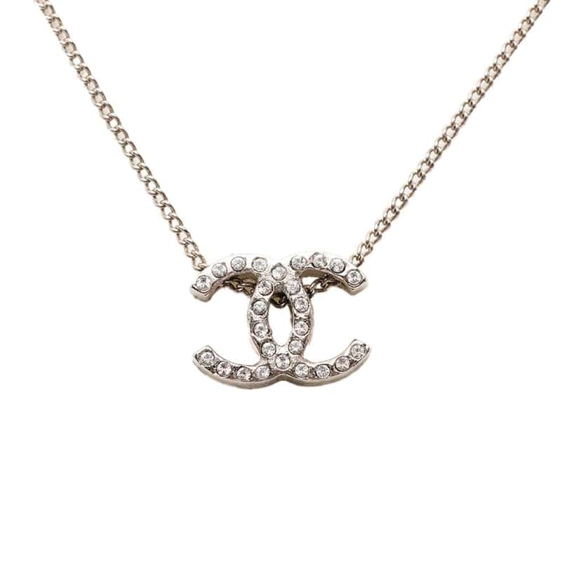 Chanel CC Brass and Strass Pendant Necklace Silver Brass Very good condition - Inside View