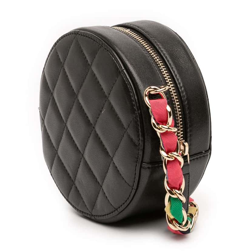Chanel CC Quilted Lambskin Ribbon Round Clutch With Chain Black Leather Very good condition - Back View