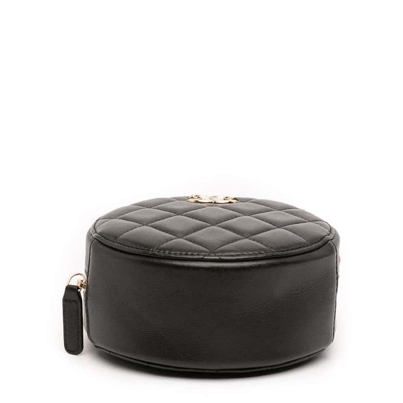 Chanel CC Quilted Lambskin Ribbon Round Clutch With Chain Black Leather Very good condition - Inside View