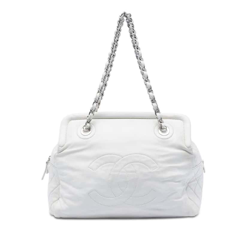 Chanel CC Lambskin Frame Tote White Leather Very good condition - Front View