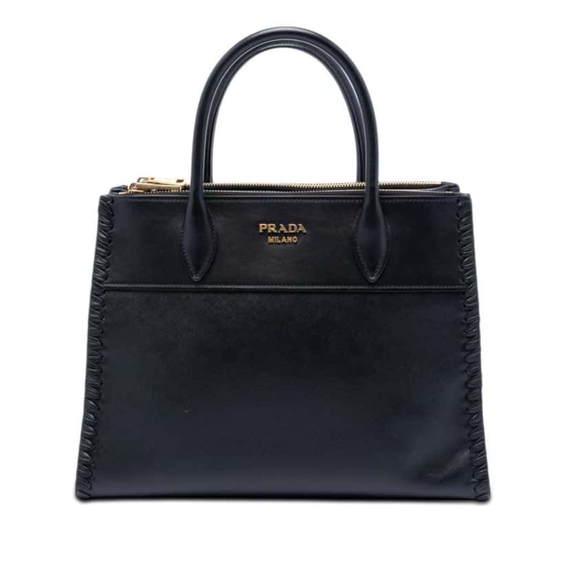 Prada City Calf Trimmed Saffiano Paradigme Whipstitch Satchel Black Leather Very good condition - Front View