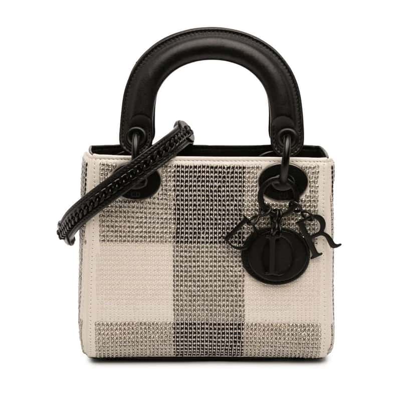 Dior Mini Calfskin Checkered Crystal Studded Lady Dior White Leather Very good condition - Front View