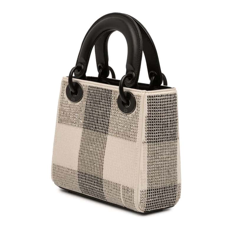 Dior Mini Calfskin Checkered Crystal Studded Lady Dior White Leather Very good condition - Back View