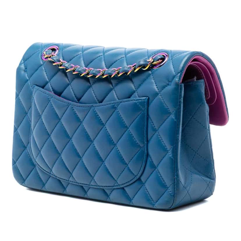 Chanel Small Classic Lambskin Rainbow Hardware Double Flap Blue Leather Very good condition - Back View