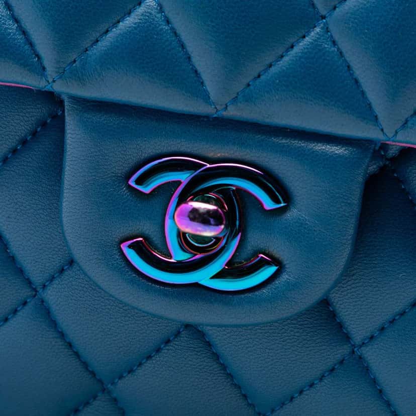 Chanel Small Classic Lambskin Rainbow Hardware Double Flap Blue Leather Very good condition - Box View