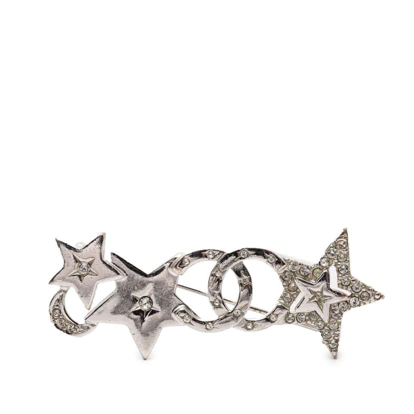 Chanel CC Brass and Strass Star and Moon Pin Brooch Silver Brass Very good condition - Front View