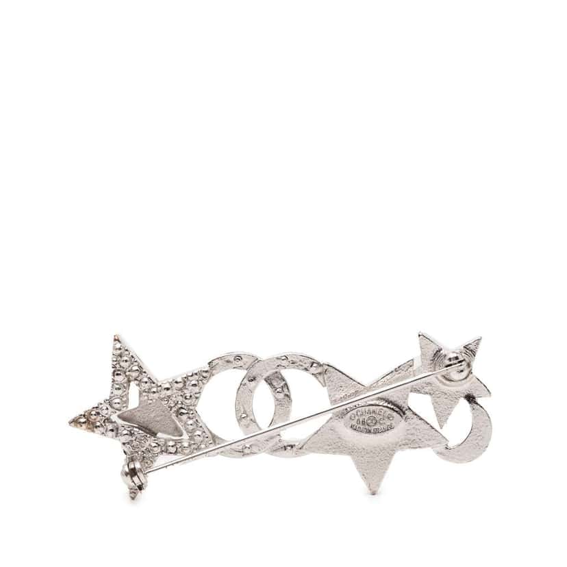 Chanel CC Brass and Strass Star and Moon Pin Brooch Silver Brass Very good condition - Back View