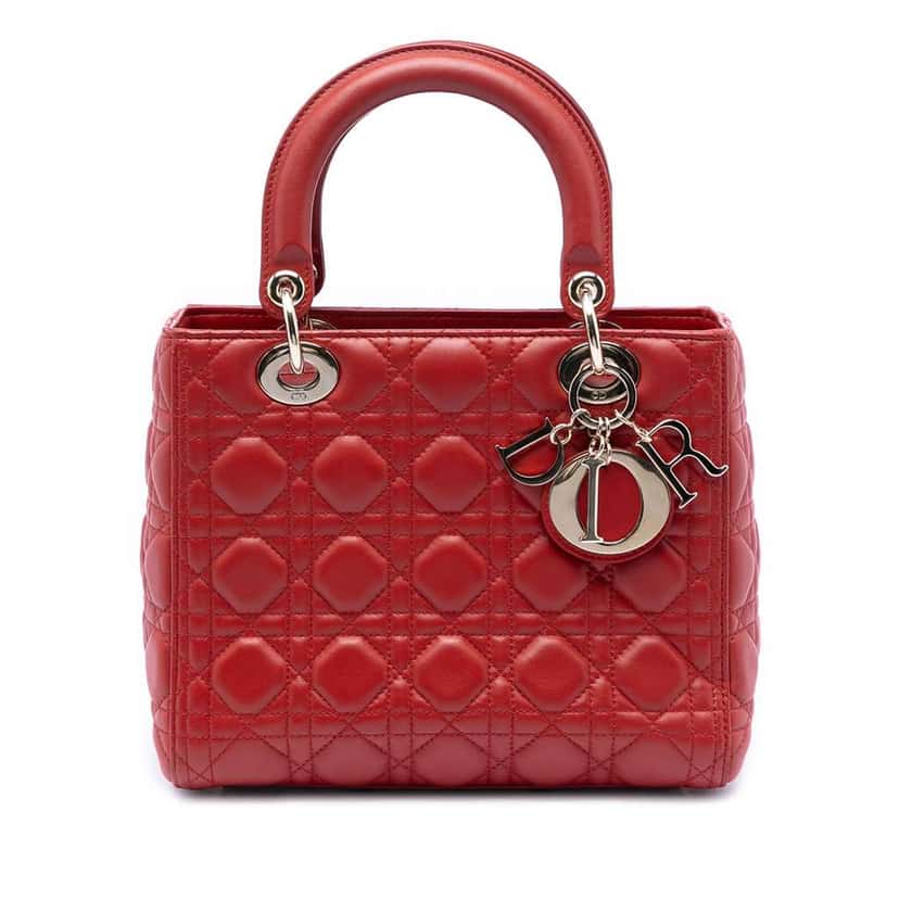 Dior Medium Lambskin Cannage Lady Dior Red Leather Very good condition - Front View