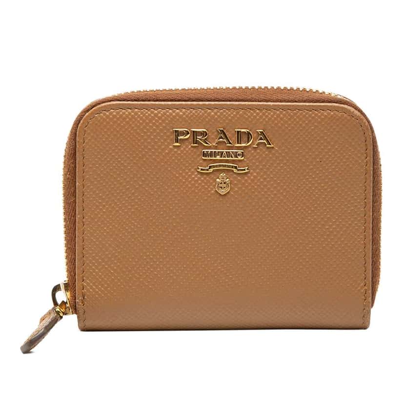 Prada Saffiano Zip Around Coin Pouch Brown Leather Very good condition - Front View