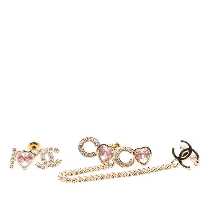 Chanel Gold Plated I Heart CC Coco Strass Ear Cuff Earrings Gold Metal Very good condition - Front View