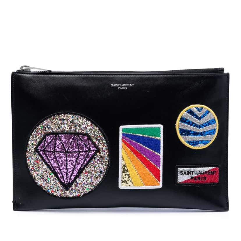 Saint Laurent Leather Multi Patch Zip Pouch Black Leather Very good condition - Front View