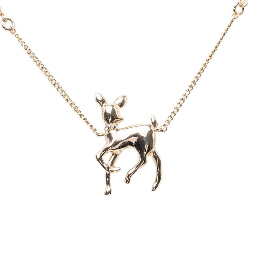 Chanel CC Brass Faux Pearl and Strass Deer Pendant Necklace Gold Metal Very good condition - Back View