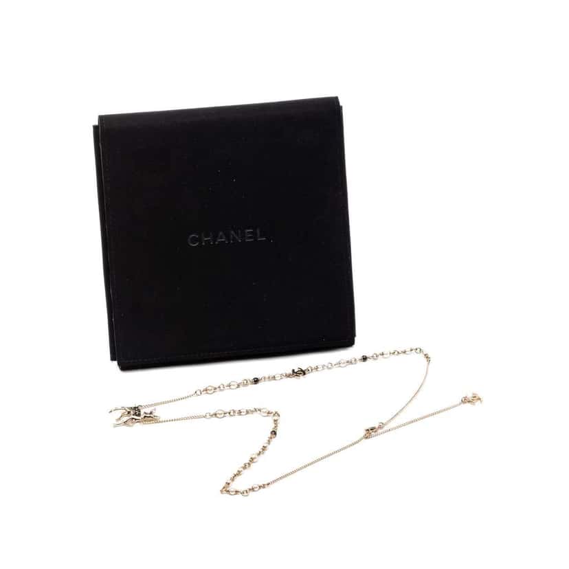Chanel CC Brass Faux Pearl and Strass Deer Pendant Necklace Gold Metal Very good condition - Box View