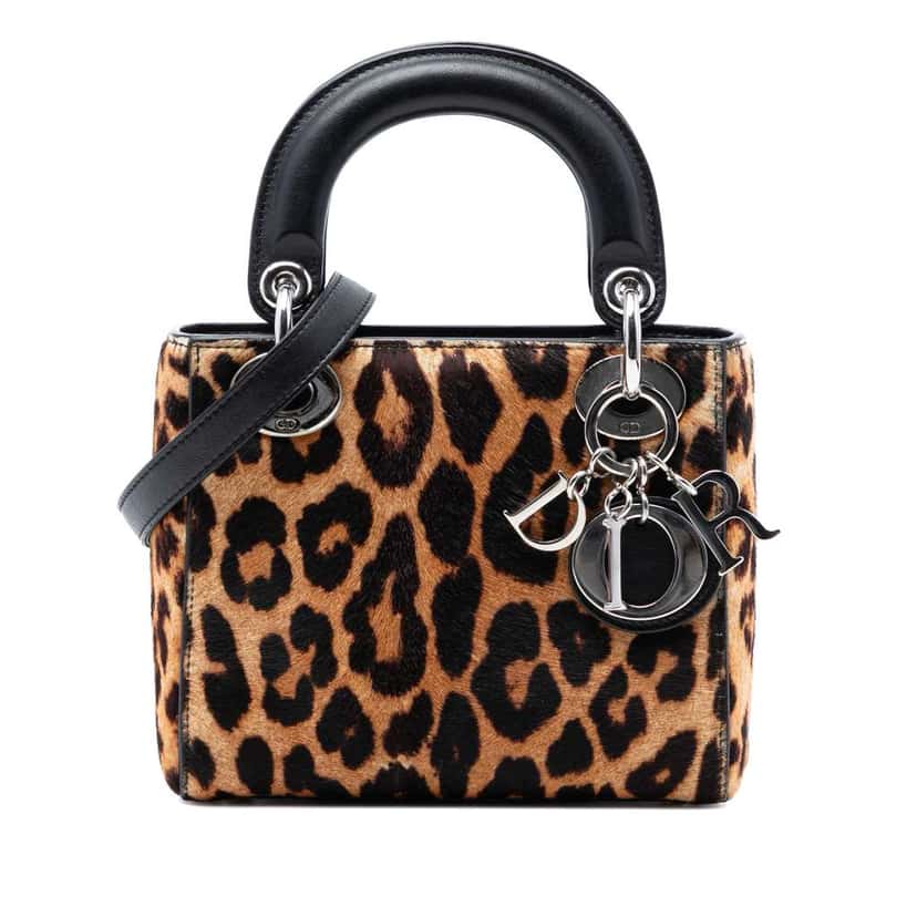 Dior Mini Pony Hair Leopard Print Lady Dior Brown Very good condition - Front View