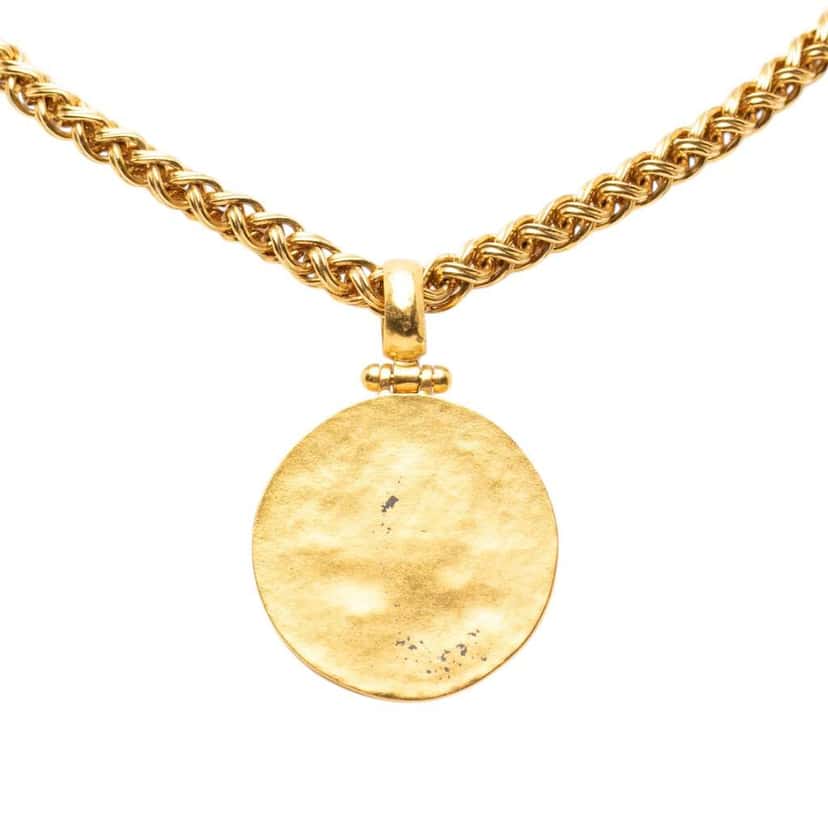 Chanel CC Gold Plated and Enamel Round Pendant Necklace Green Very good condition - Back View