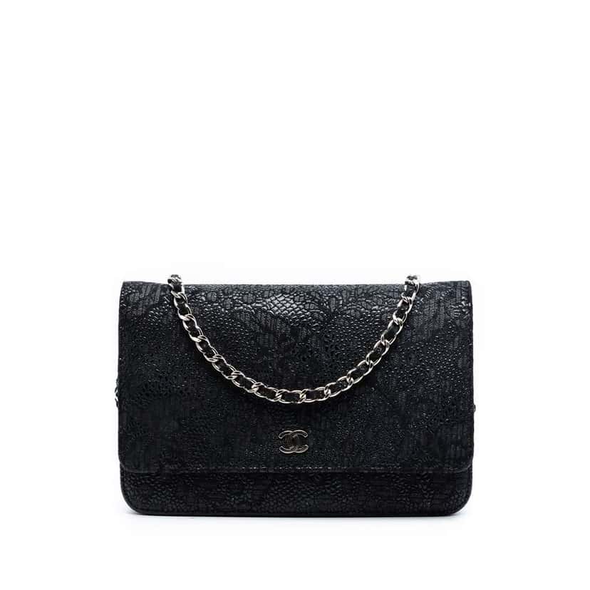 Chanel CC Lace Overlay Goatskin Wallet On Chain Black Leather Very good condition - Front View