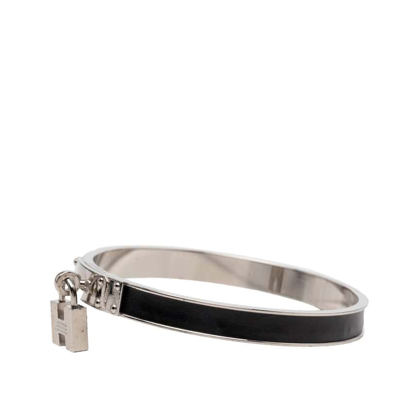 Hermès Palladium Plated Leather Kelly Cadena Lock Bangle Bracelet Silver Metal Very good condition - Back View