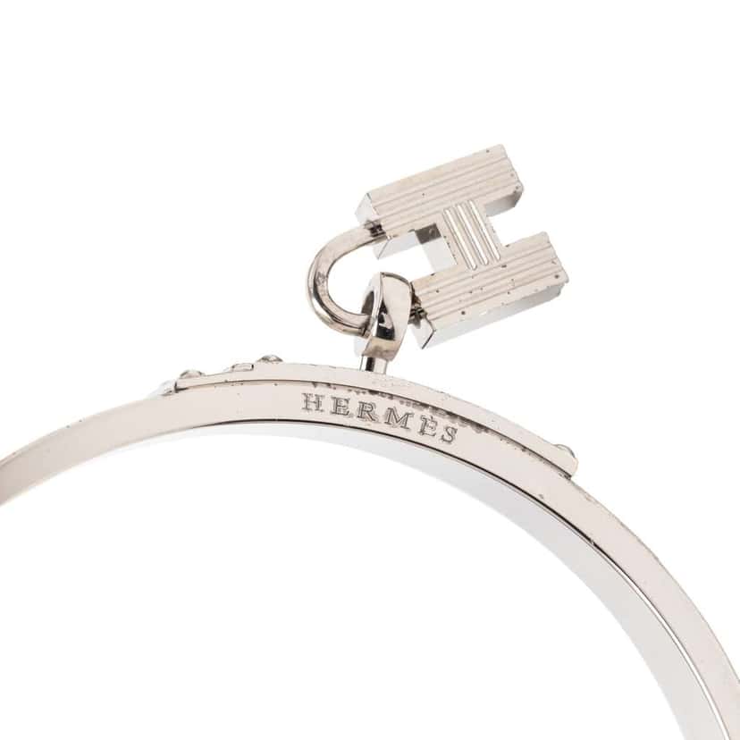 Hermès Palladium Plated Leather Kelly Cadena Lock Bangle Bracelet Silver Metal Very good condition - Model View