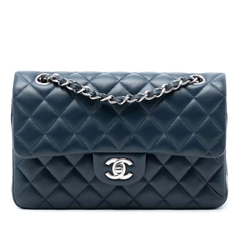 Chanel Small Classic Lambskin Double Flap Blue Leather Very good condition - Front View