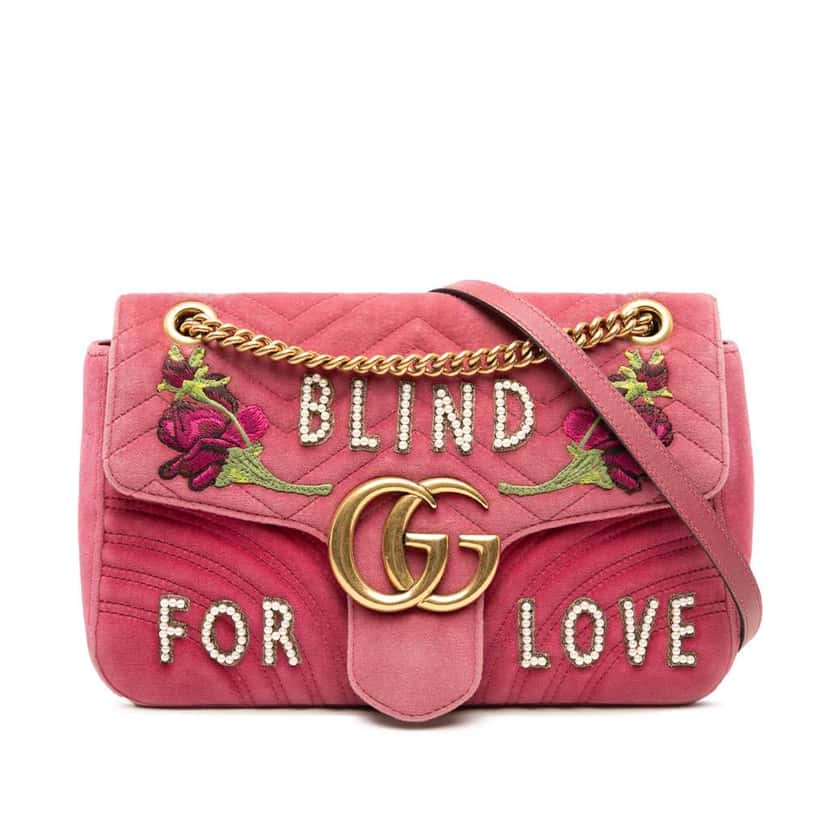 Gucci Large GG Marmont Matelasse Velvet Embroidered Blind For Love Shoulder Bag Pink Velvet Very good condition - Front View