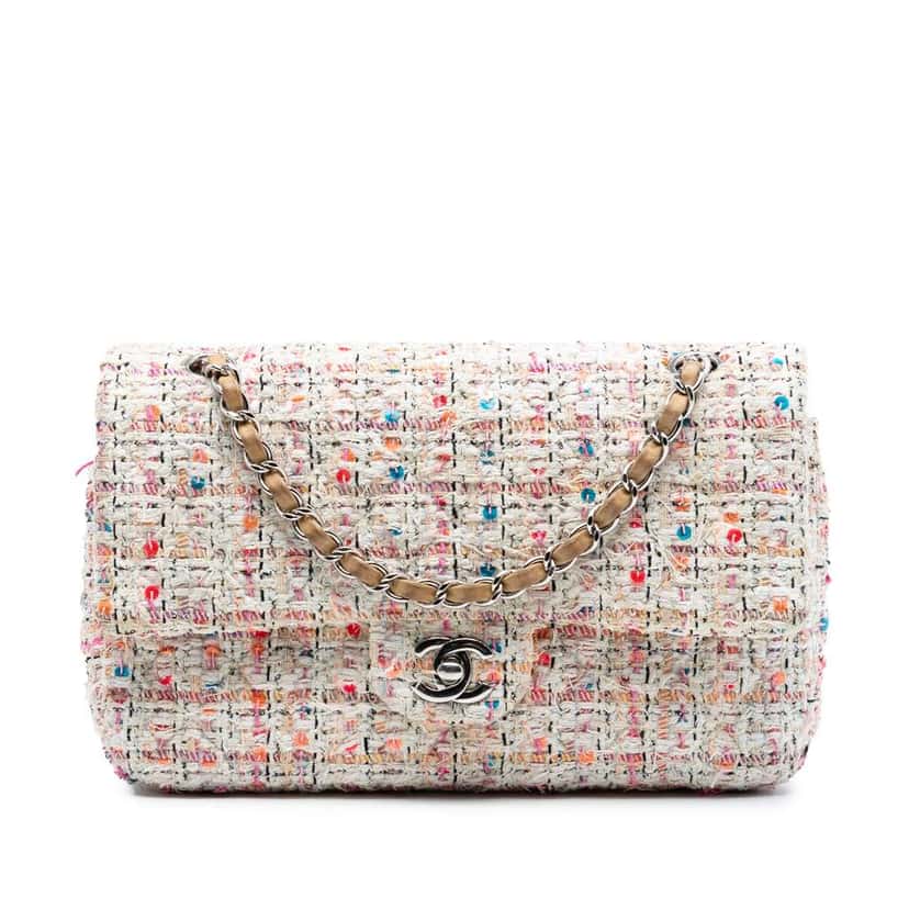 Chanel Medium Classic Tweed Sequins Double Flap Brown Tweed Very good condition - Front View