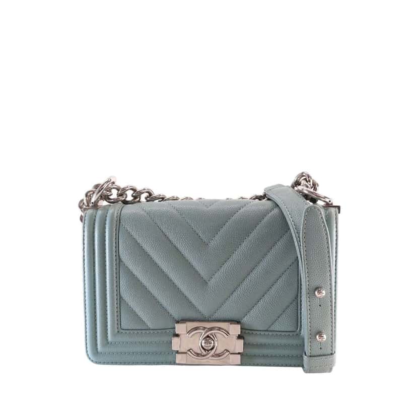 Chanel Small Chevron Caviar Boy Flap Blue Leather Very good condition - Front View