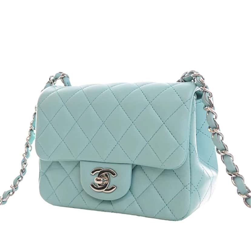 Chanel Mini Square Classic Lambskin Single Flap Blue Leather Very good condition - Back View