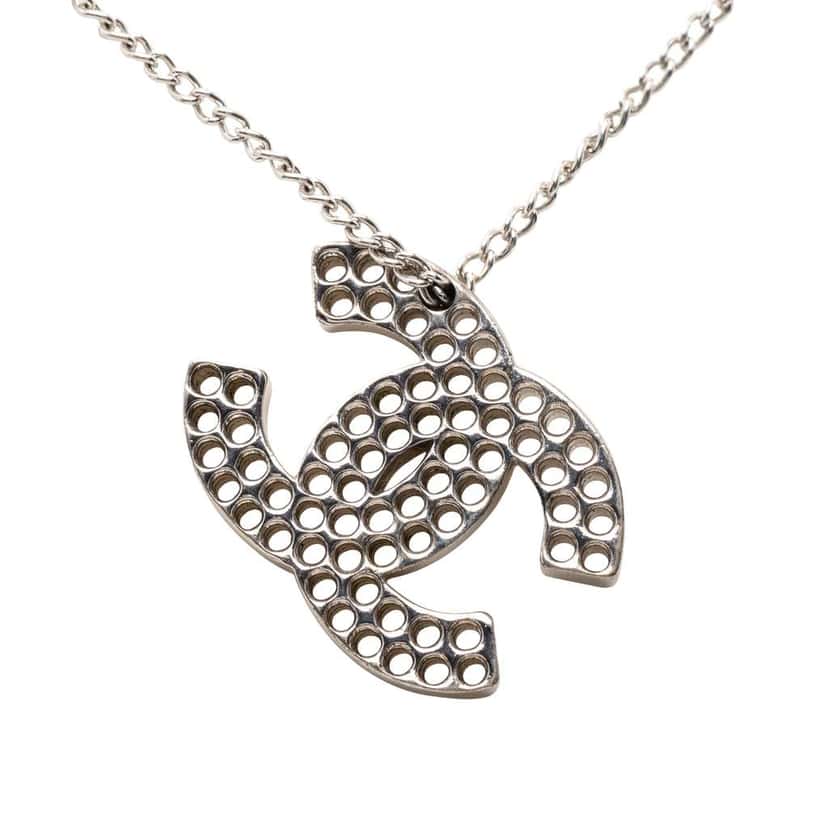 Chanel Perforated CC Brass Pendant Necklace Silver Brass Very good condition - Back View
