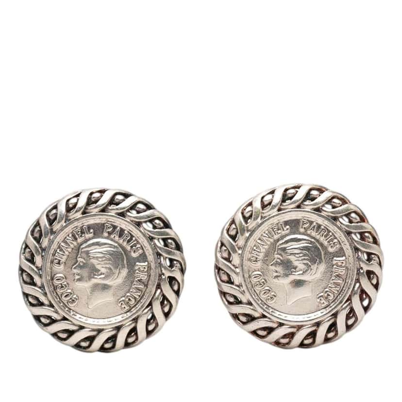 Chanel Silver Plated Medallion Clip On Earrings Silver Metal Very good condition - Front View